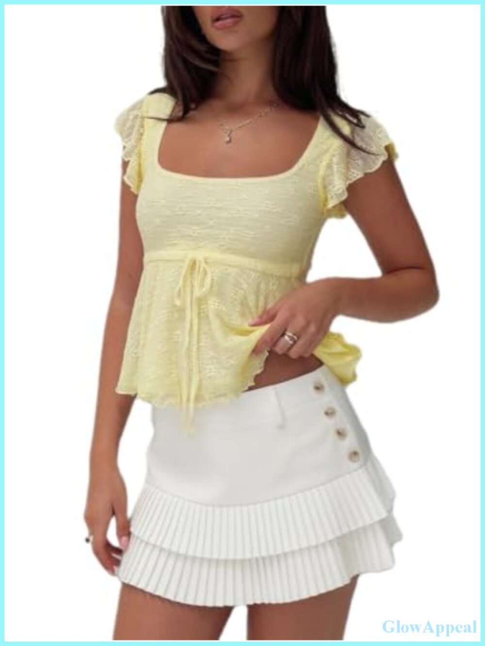 Y2K Lace Babydoll Blouse Flying Sleeve Square Neck Tie-Up Bow Women's Top